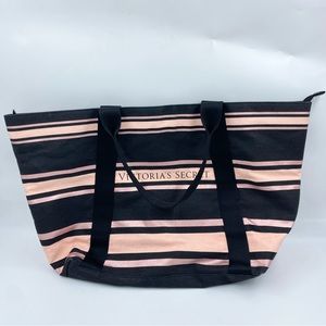 VS Victoria’s Secret Striped Travel Zippered Tote Bag EUC Pink & Rose Gold